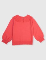 Pull Fille en Maille Fine à Grand Col Claudine Travaillé - Rouge Corail - Image 3