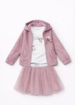 Ensemble Fille 3 Pièces Style Romantique - Veste à Capuche, T-shirt Imprimé & Jupe en Tulle (Divers Coloris)