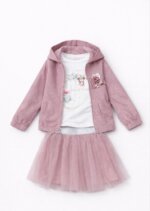 Ensemble Fille 3 Pièces Style Romantique - Veste à Capuche, T-shirt Imprimé & Jupe en Tulle (Divers Coloris)