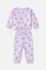 Ensemble Beauté Fille 2 Pièces en Maille Gaufrée - Sweat à Col Rond & Jogging Imprimé (Motif Papillons / Fraises)