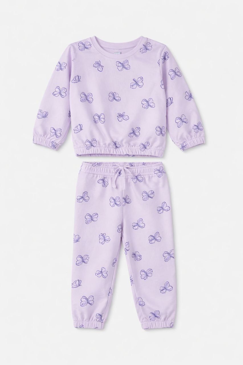 IMAGE 2026-08-29 15:24:20 Ensemble Beauté Fille 2 Pièces en Maille Gaufrée - Sweat à Col Rond & Jogging Imprimé (Motif Papillons / Fraises) - Image 1