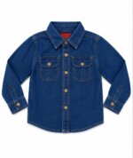 Chemise en Jean Garçon / Enfant à Manches Longues - Double Poche Poitrine (Bleu Clair / Bleu Brut)