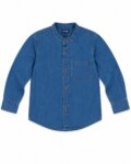 Chemise en Jean Garçon à Col Officier / Col Mao - Poche Poitrine (Bleu Medium)