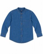 Chemise en Jean Garçon à Col Officier / Col Mao - Poche Poitrine (Bleu Medium)