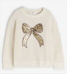 Pull Fille en Maille Tricot avec Motif Nœud en Perles & Séquins - Blanc Écru