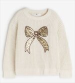Pull Fille en Maille Tricot avec Motif Nœud en Perles & Séquins - Blanc Écru