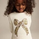 Pull Fille en Maille Tricot avec Motif Nœud en Perles & Séquins - Blanc Écru - Image 4