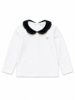 T-Shirt Fille à Col Claudine Festonné Contrastant - Manches Longues Style Preppy
