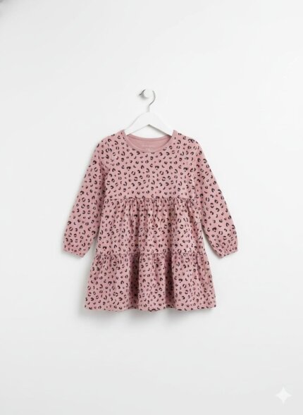 Robe Fille à Volants Imprimé Léopard - Rose Poudré & Manches Longues