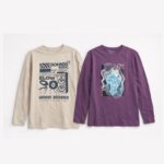 Lot de 2 T-Shirts / Pulls Légers Garçon Manches Longues Imprimés Graphiques Streetwear - Beige & Violet