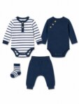 Lot / Ensemble Bébé Garçon 4 Pièces Style Marinière - 2 Bodys Manches Longues, Pantalon Évolutif & Chaussettes Assorties