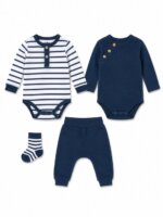 Lot / Ensemble Bébé Garçon 4 Pièces Style Marinière - 2 Bodys Manches Longues, Pantalon Évolutif & Chaussettes Assorties