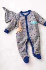 Pyjama Combinaison Bébé 2 Pièces Motif Dinosaures - Dormeuse Velours Gris Chine avec Bonnet Nœud