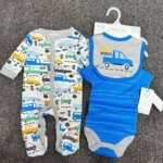 Ensemble Naissance Bébé Garçon 3 Pièces Motif Voitures - Pyjama Pyjama Dormeuse, Body Manches Courtes & Bavette Assortie