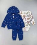 Ensemble Bébé 3 Pièces Motif Arc-en-Ciel - Veste Zippée à Capuche, Body Manches Longues & Pantalon Assorti