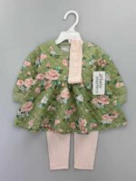 Ensemble Bébé Fille 3 Pièces Floral Matelassé - Robe-Tunique Vert Sauge, Legging Rose Poudré & Bandeau Assorti