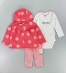 Ensemble Bébé Fille 3 Pièces Corail & Blanc - Veste Zippée à Pois, Body Manches Longues & Pantalon Rayé