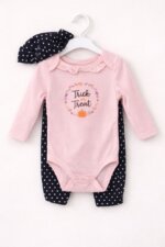 Ensemble Bébé Fille 3 Pièces - Body Manches Longues à Volants, Pantalon Imprimé & Bonnet Assorti