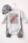 Ensemble Bébé Garçon 3 Pièces Streetwear - Body Blanc Imprimé "SELF MADE", Pantalon Typographique & Bonnet Assorti