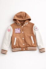 Veste Teddy à Capuche Fille Style Varsity - Blouson Marron & Crème à Écussons "ONLY GOOD VIBES"