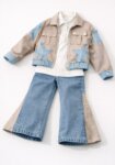 Ensemble 3 Pièces Fille Style Western & Denim - Veste Beige à Étoiles, Polo Blanc & Jean Évasé Bi-Matière