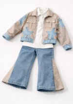 Ensemble 3 Pièces Fille Style Western & Denim - Veste Beige à Étoiles, Polo Blanc & Jean Évasé Bi-Matière