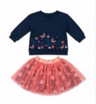 Ensemble Fille Sweat Bleu Marine Papillons et Jupe Tutu En Tulle Pêche Motifs Fleurs