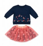 Ensemble Fille Sweat Bleu Marine Papillons et Jupe Tutu En Tulle Pêche Motifs Fleurs