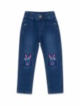 Jean Fille Bleu Brut Elasticité Confort Motifs Lapin Brodés aux Genoux