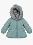 Manteau Chaud & Doudoune Fille à Capuche Fausse Fourrure – Collection Hiver (Vert Sauge / Bleu Marine)