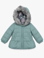 Manteau Chaud & Doudoune Fille à Capuche Fausse Fourrure – Collection Hiver (Vert Sauge / Bleu Marine)