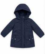 Manteau Long Matelassé Fille à Capuche – Parka Bleu Marine Motif Fleurs Surpiquées