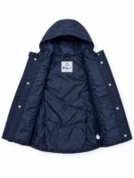 Manteau Long Matelassé Fille à Capuche – Parka Bleu Marine Motif Fleurs Surpiquées - Image 3