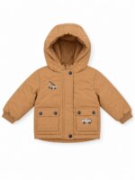 Manteau Bébé / Garçon Chaud à Capuche – Parka Marron Camel Doublée Sherpa Motif Camions
