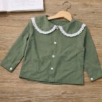 Chemise & Chemisier Fille à Col Claudine en Dentelle – Manches Longues Chic (Vert, Beige, Rose, Blanc)