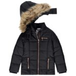 Manteau Chaud Fille / Parka Noire à Capuche Fourrure – Doudoune Matelassée Zips Dorés