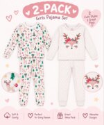 pack de 2 Pyjamas Fille Manches Longues – Ensemble Nuit Motif Renne & Cerf (Coton Doux)