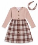 Robe Fille Bi-Matière à Carreaux & Serre-Tête Assorti – Manches Longues Maille Côtelée Chic