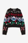 Pull de Noël Stitch Disney H&M – Maille Noir Jacquard Fêtes & Bonnet de Père Noël