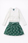 Ensemble Fille 2 Pièces – Haut Blanc en Maille Torsadée & Jupe Verte Imprimé Fleuri