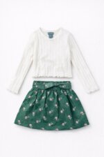 Ensemble Fille 2 Pièces – Haut Blanc en Maille Torsadée & Jupe Verte Imprimé Fleuri