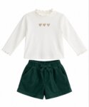 Ensemble Fille 2 Pièces – Tee-Shirt Blanc Motifs Cœurs & Short en Velours Vert Sapin