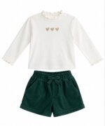Ensemble Fille 2 Pièces – Tee-Shirt Blanc Motifs Cœurs & Short en Velours Vert Sapin