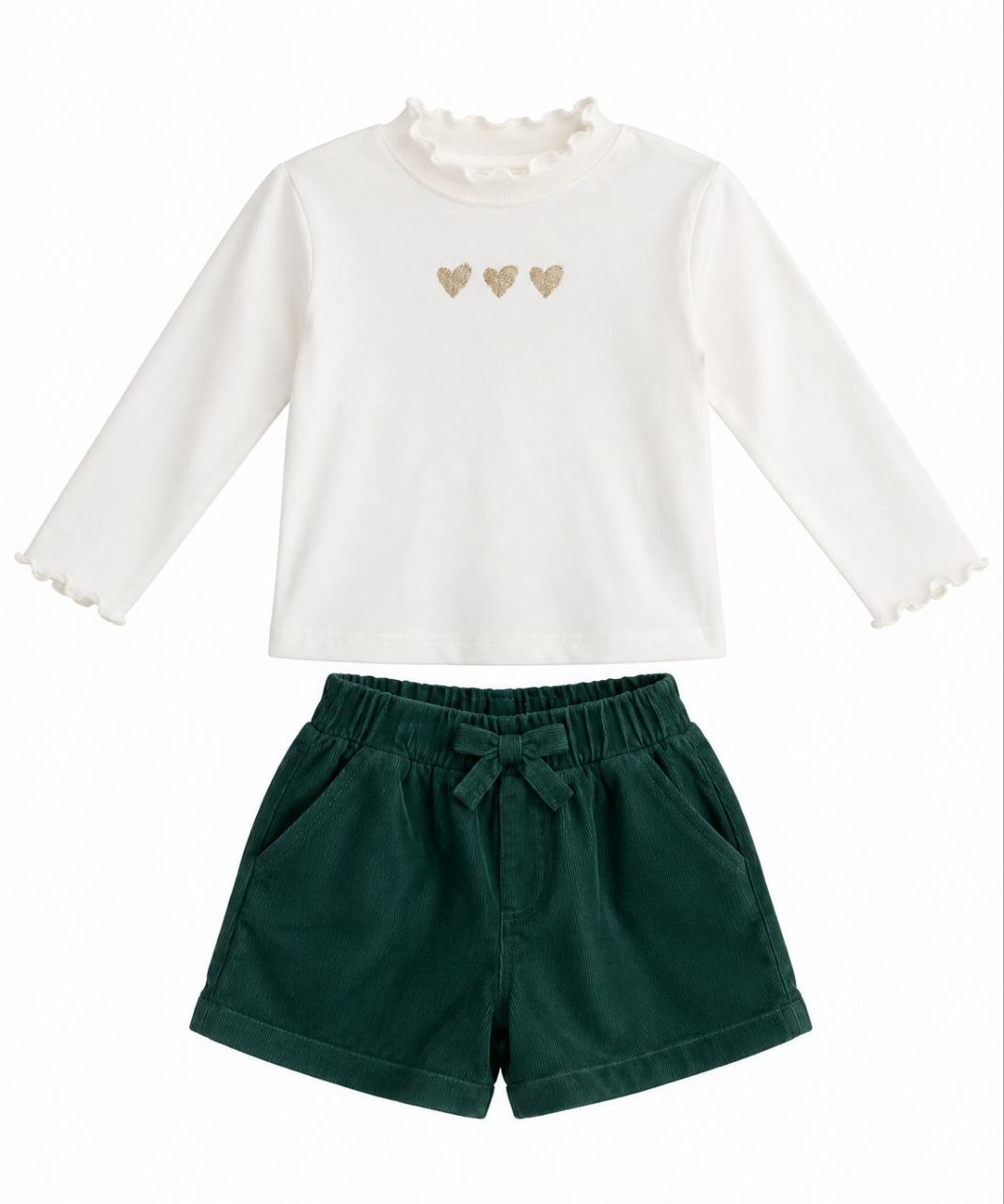 IMAGE 2026-09-07 14:26:59 Ensemble Fille 2 Pièces – Tee-Shirt Blanc Motifs Cœurs & Short en Velours Vert Sapin - Image 1