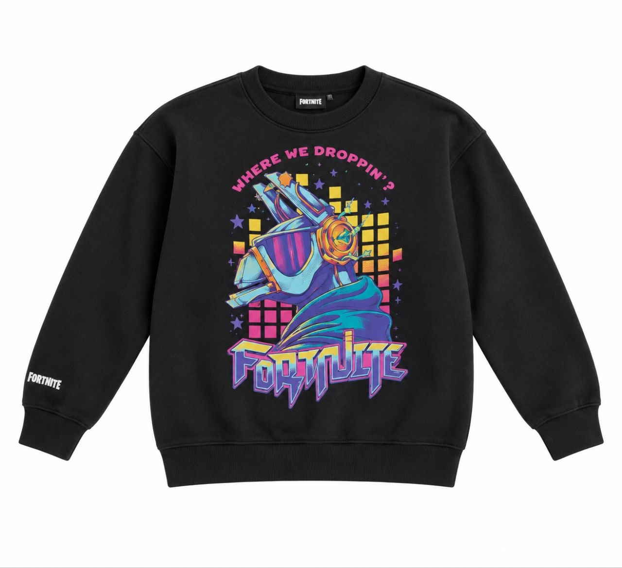 IMAGE 2026-09-08 13:36:35 Sweat Fortnite Garçon Noir – Col Rond Imprimé Lama Dj "Where We Droppin - Image 1