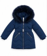 Manteau Parka -Matalan- Fille Bleu Canard – Doudoune Longue à Ceinture & Capuche Fourrure