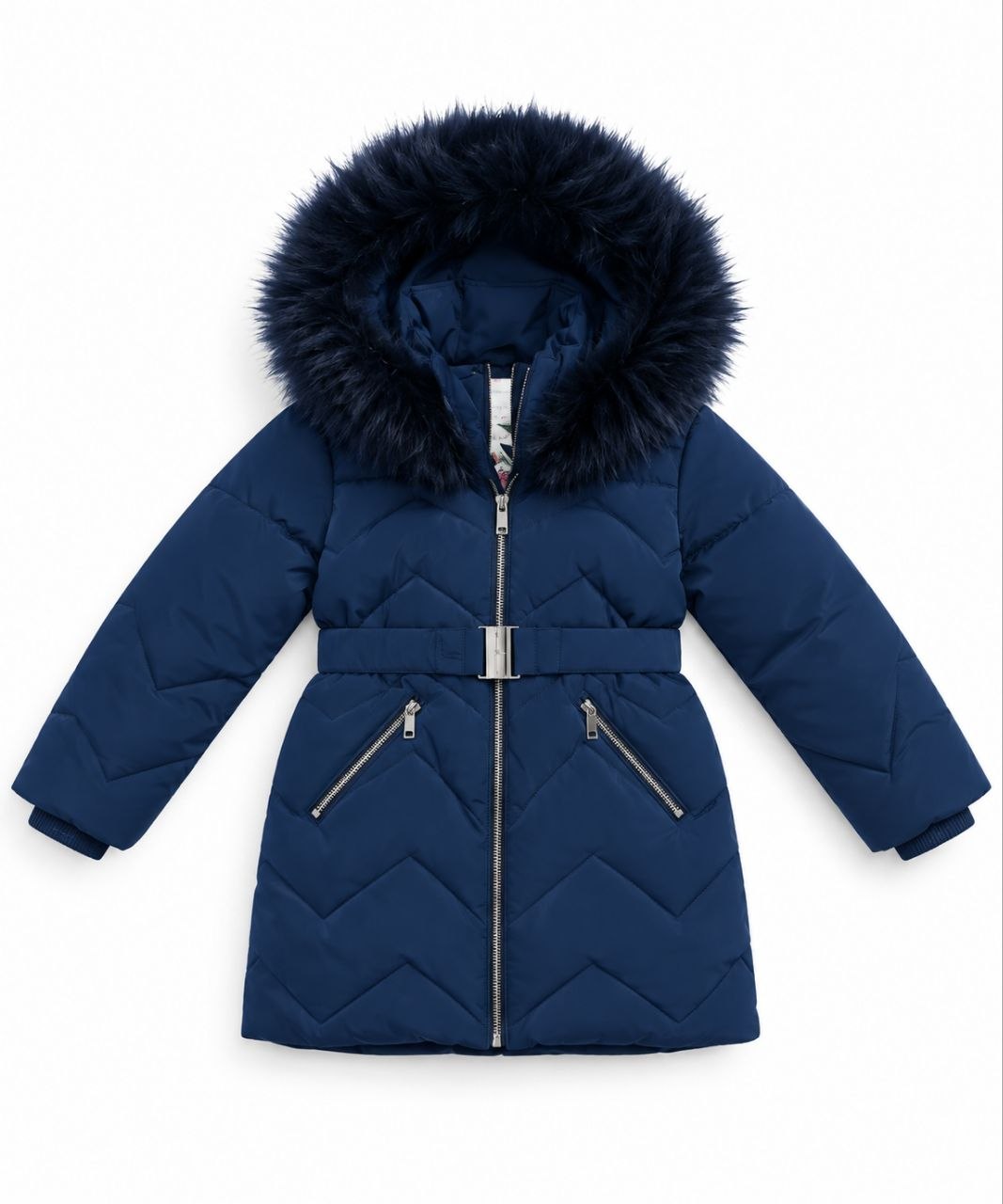 IMAGE 2026-09-08 14:41:50 Manteau Parka -Matalan- Fille Bleu Canard – Doudoune Longue à Ceinture & Capuche Fourrure - Image 1