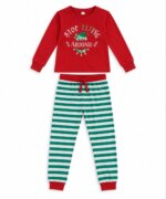 Pyjama de Noël Enfant 2 Pièces Lutin – T-Shirt Rouge "Stop Elfing Around" & Pantalon Rayé Vert et Blanc