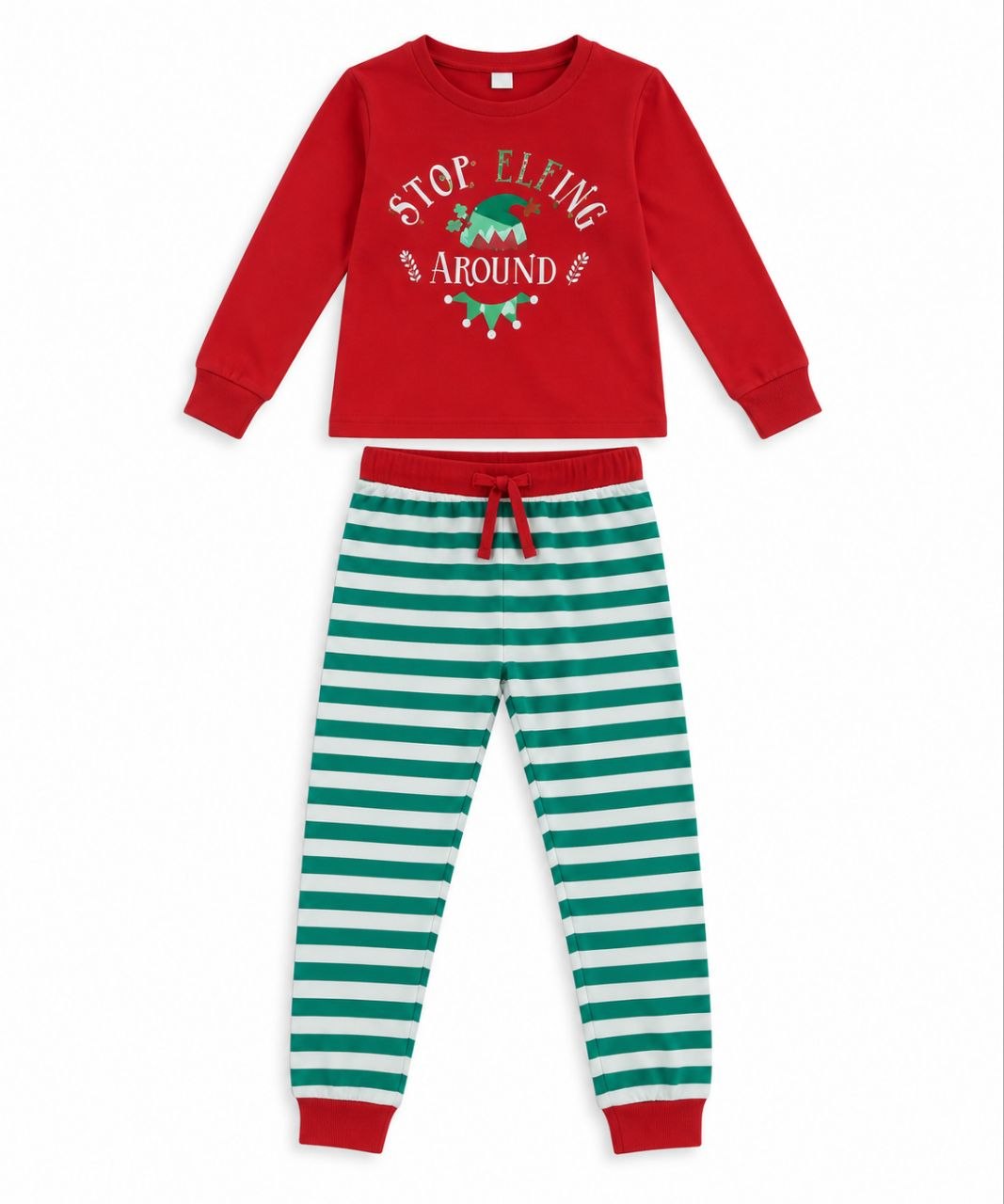 IMAGE 2026-09-09 14:25:52 Pyjama de Noël Enfant 2 Pièces Lutin – T-Shirt Rouge "Stop Elfing Around" & Pantalon Rayé Vert et Blanc - Image 1