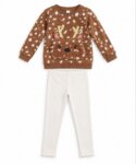 Ensemble pull en molleton marron motif renne / biche et legging blanc - Fille / Bébé